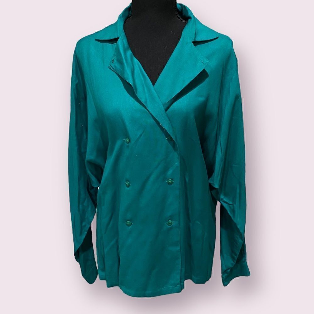 Vintage 1980s Teal Batwing Oversized Blazer Blouse Size S